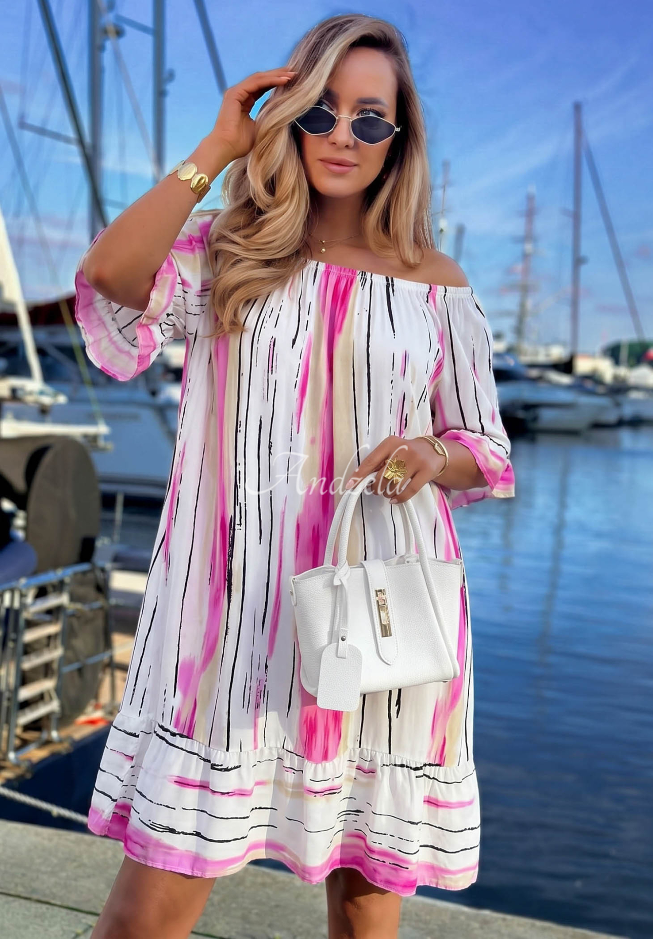 Gemustertes Off-Shoulder-Kleid aus Viskose Sun Sail weiß-Rosa