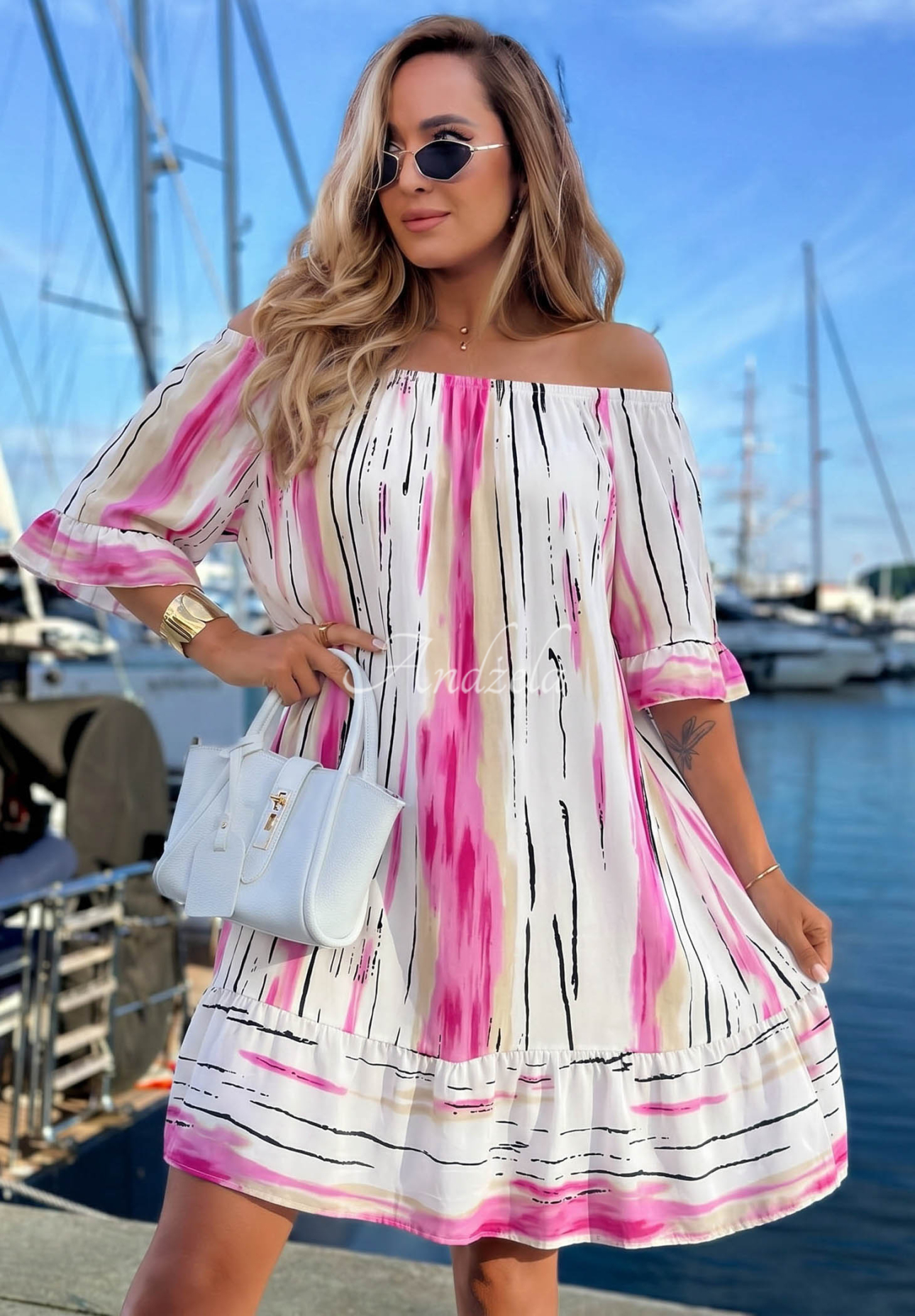 Gemustertes Off-Shoulder-Kleid aus Viskose Sun Sail weiß-Rosa