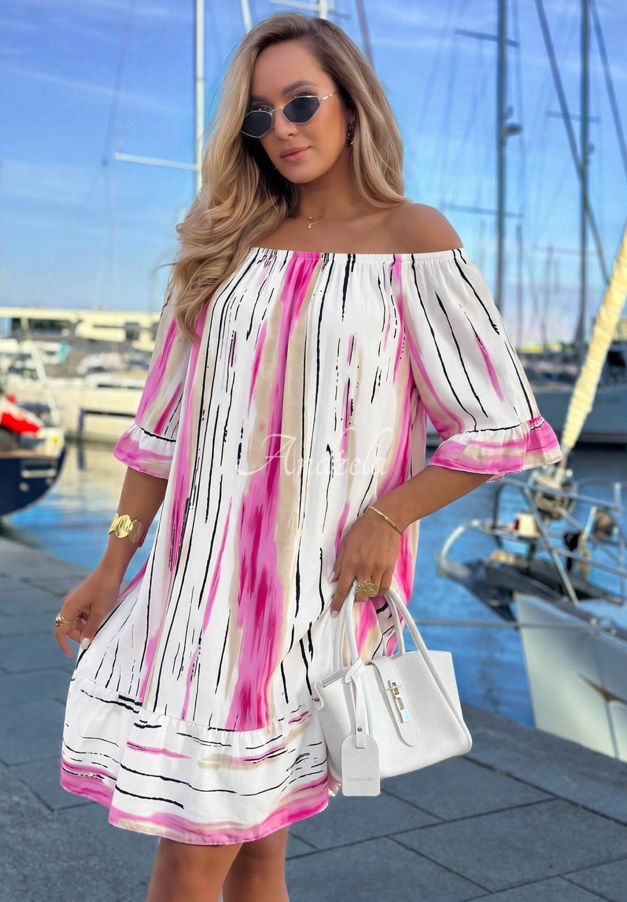 Gemustertes Off-Shoulder-Kleid aus Viskose Sun Sail weiß-Rosa