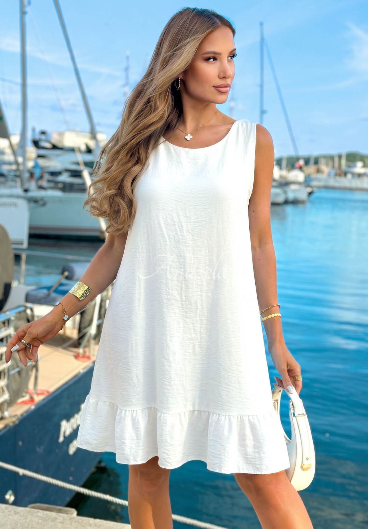 Viskose-Minikleid mit Trägern und Rüschen Sun Darling Weiß