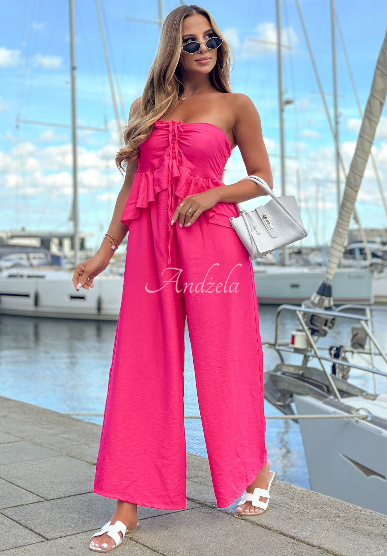 Langer Viskose-Jumpsuit mit Bindeband und Rüschen By The Sea Fuchsia