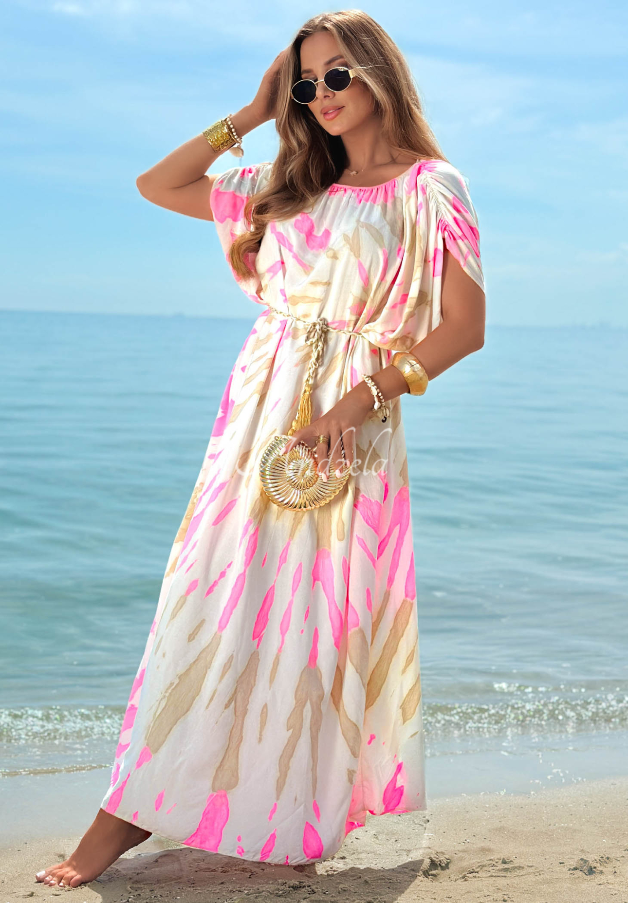 Maxikleid aus Viskose mit Trägern tie dye Summer Dance beige-rosa