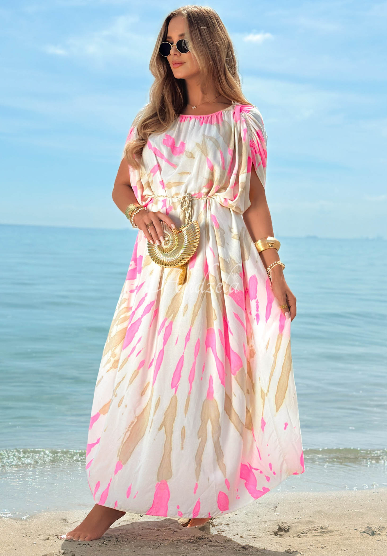 Maxikleid aus Viskose mit Trägern tie dye Summer Dance beige-rosa