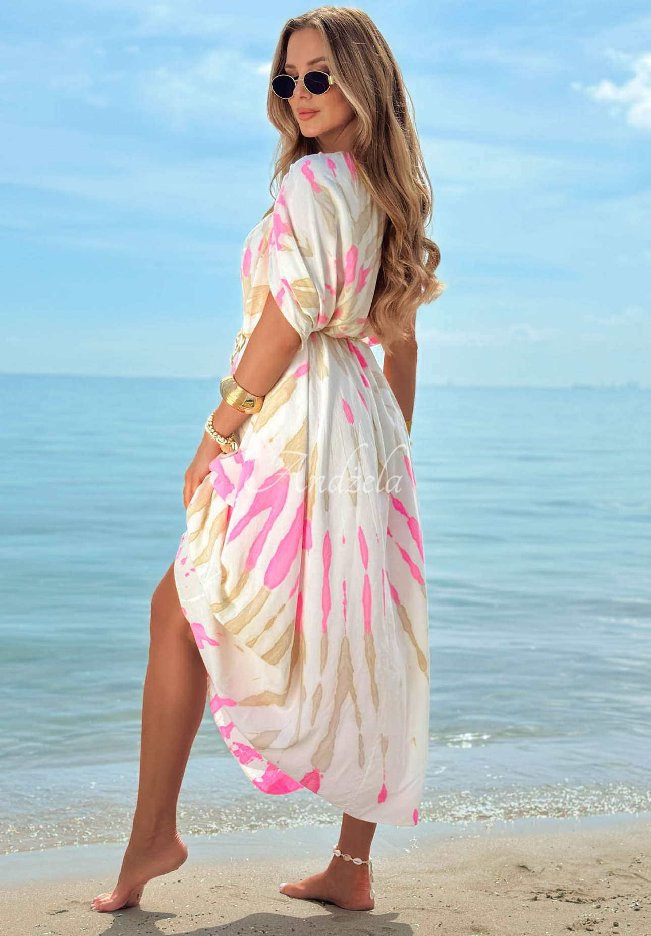 Maxikleid aus Viskose mit Trägern tie dye Summer Dance beige-rosa