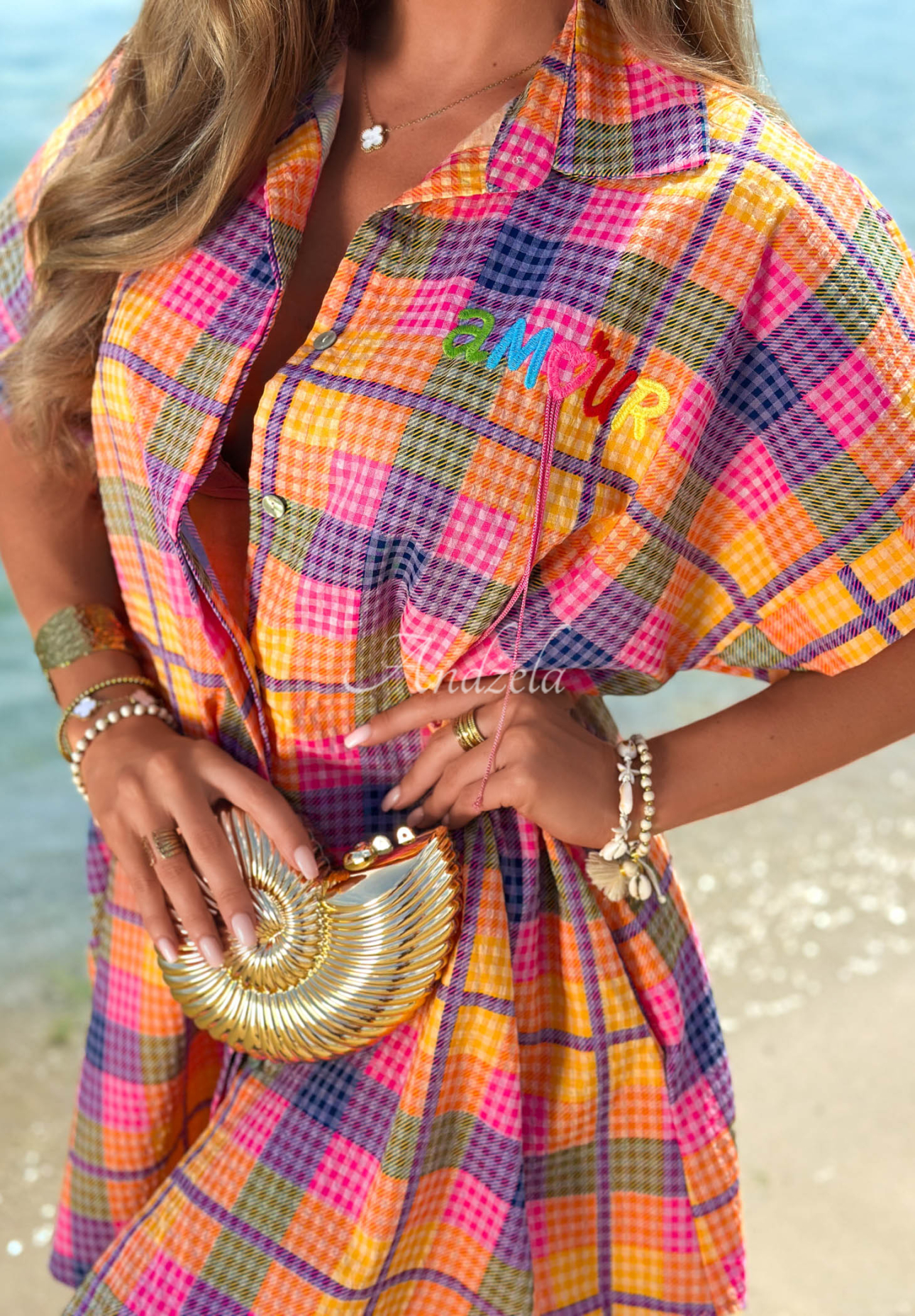 Kariertes Hemdkleid aus Baumwolle Colored Sky Rosa-Orange