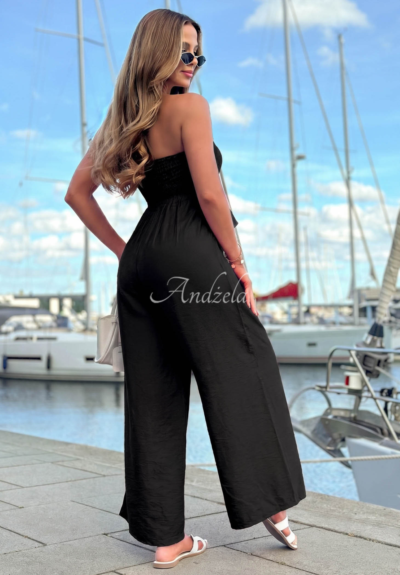 Langer Viskose-Jumpsuit mit Bindeband und Rüschen By The Sea Schwarz