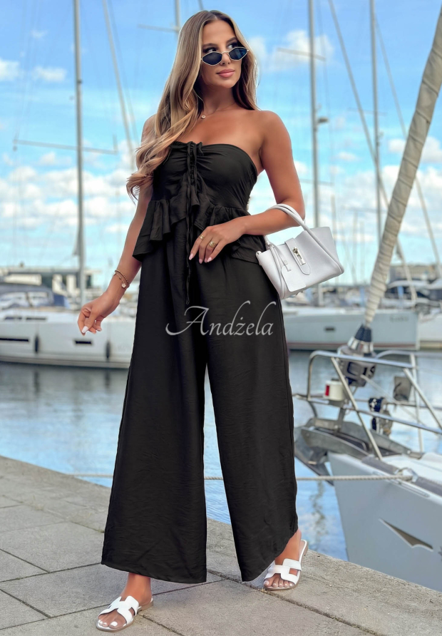 Langer Viskose-Jumpsuit mit Bindeband und R&uuml;schen By The Sea Schwarz