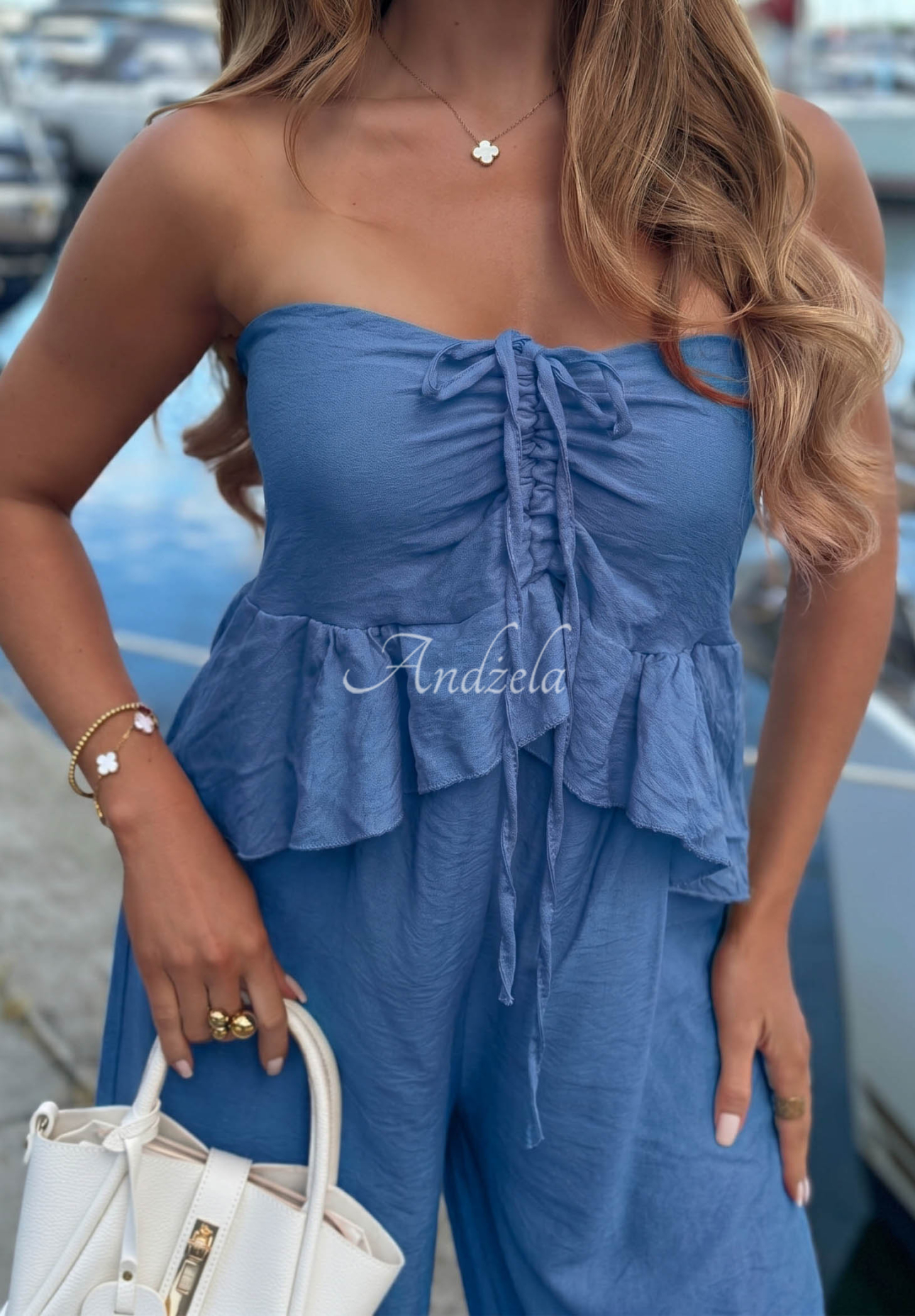 Langer Viskose-Jumpsuit mit Bindeband und Rüschen By The Sea Blau