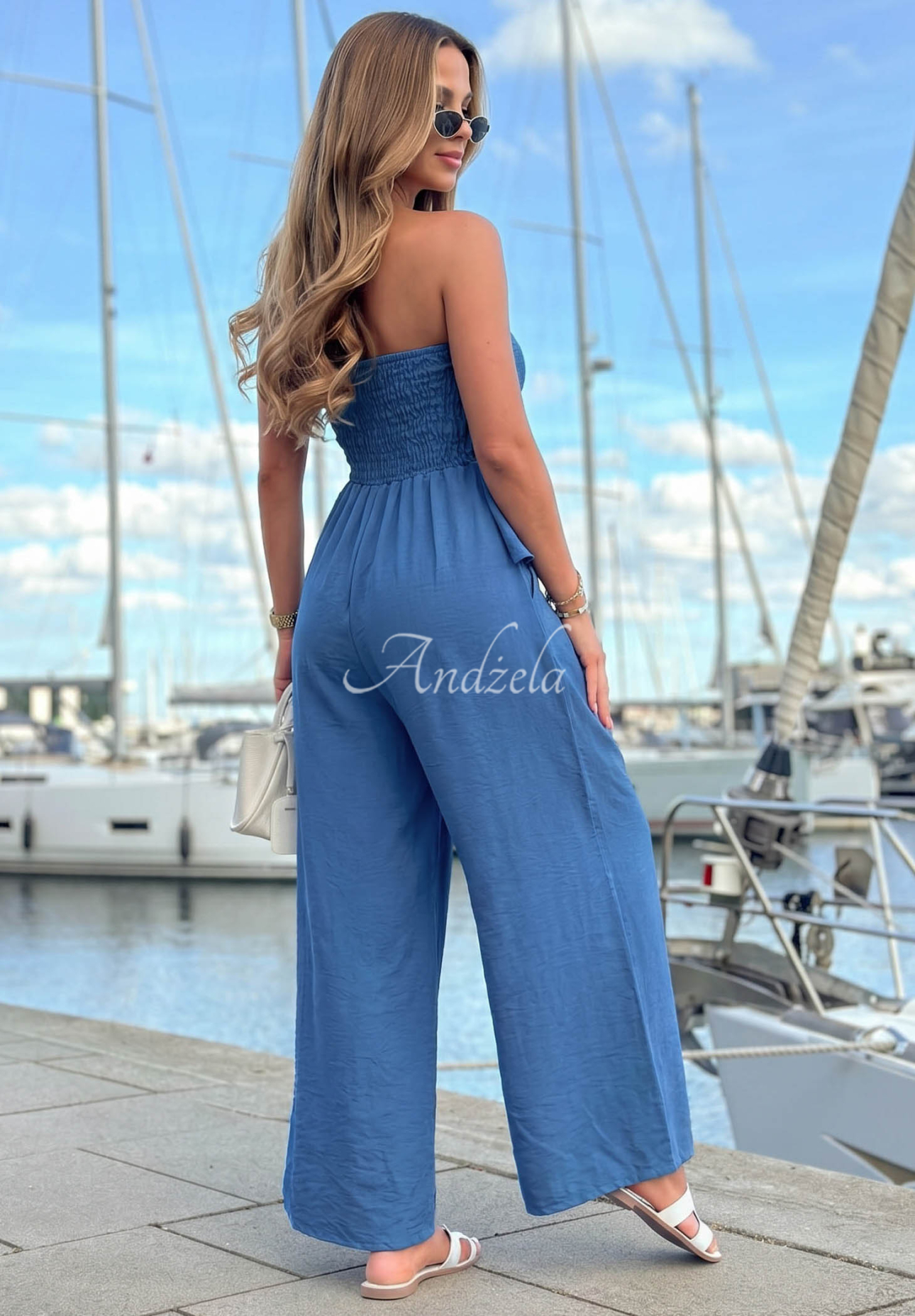 Langer Viskose-Jumpsuit mit Bindeband und Rüschen By The Sea Blau