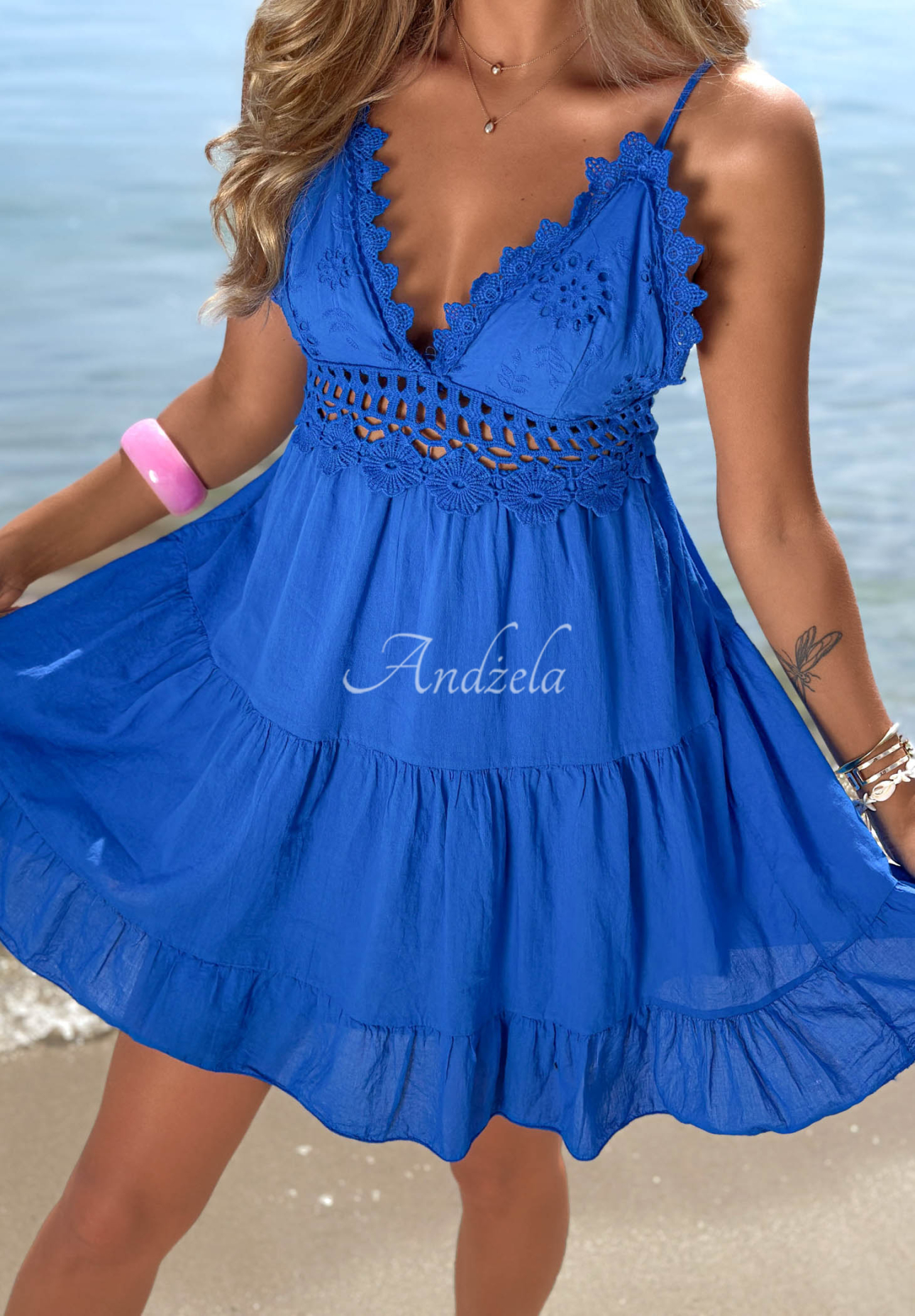 Baumwoll-Minikleid mit Trägern und Spitze Pearl Bay Kobaltblau