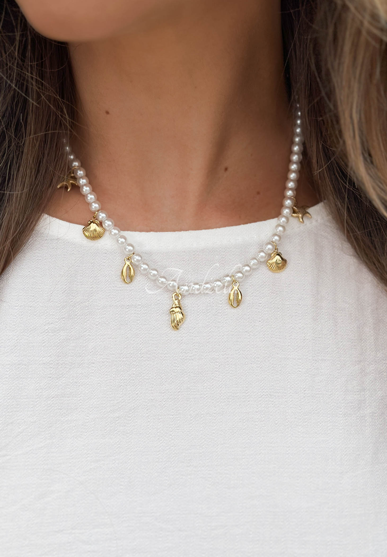 Halskette mit Perlen und Muscheln Pearl Essence Gold