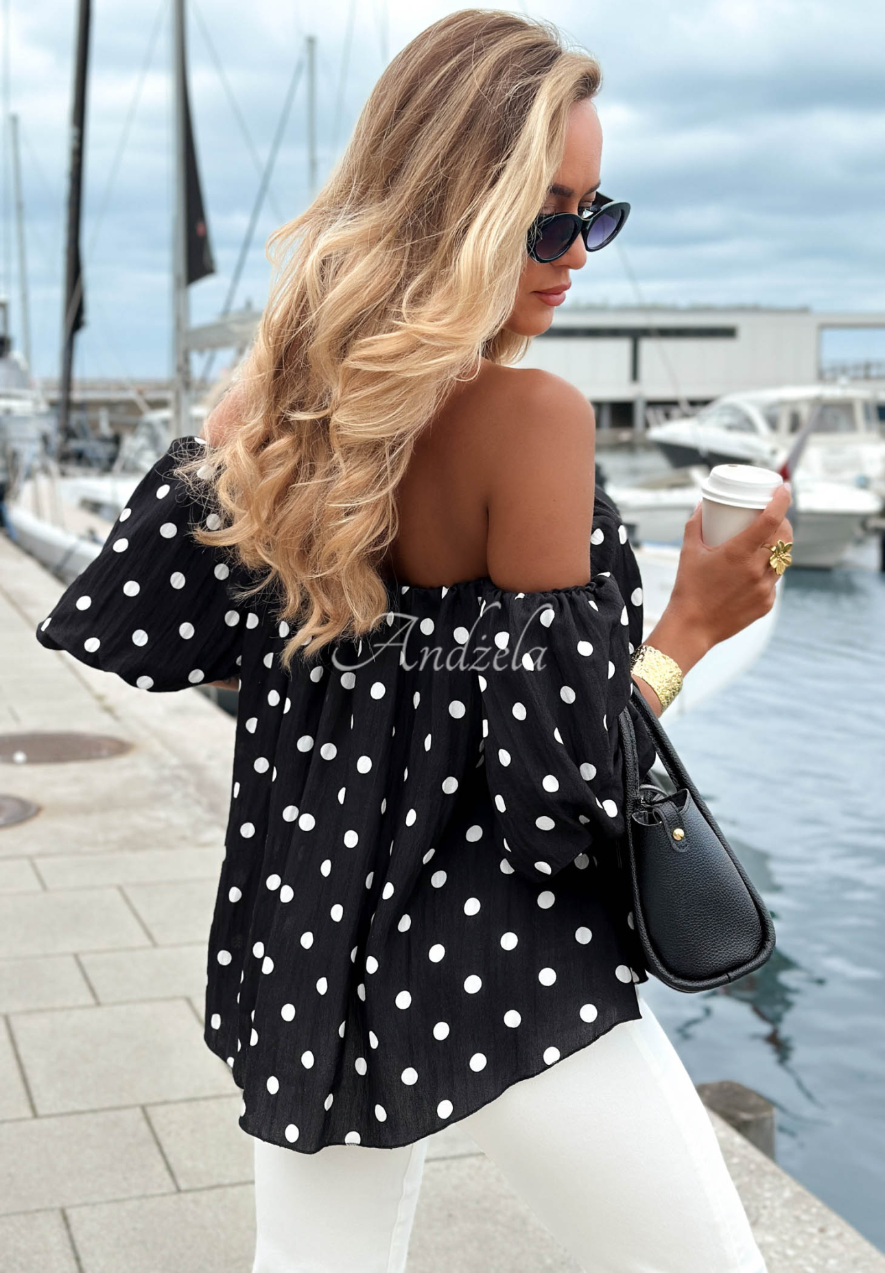 Offshoulder Baumwollbluse mit Polka-Dots Retro Romance Schwarz