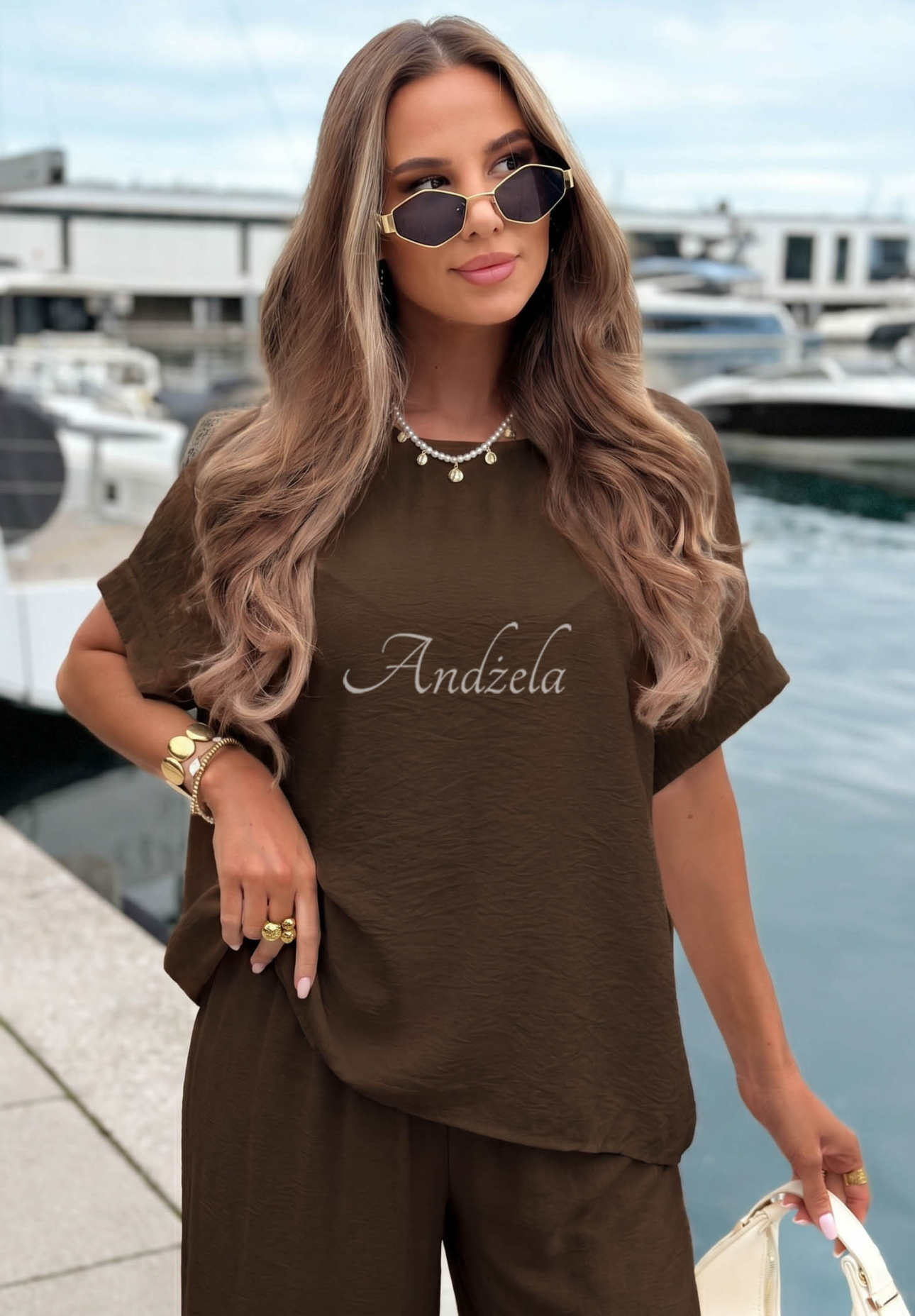 Viskose-Set aus Oversize-Bluse und Hose wide leg Amalfi Getaway Schokoladenbraun