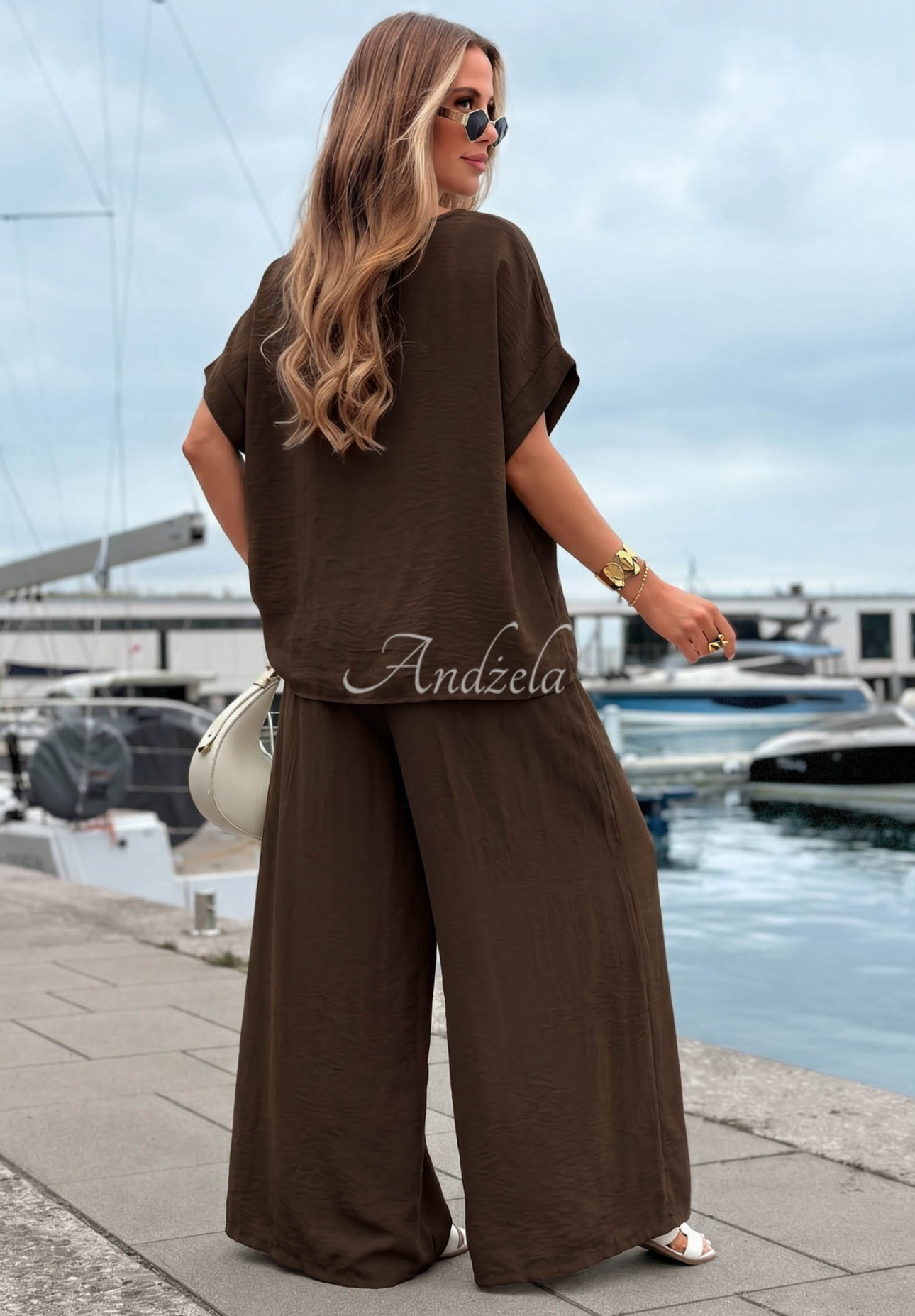 Viskose-Set aus Oversize-Bluse und Hose wide leg Amalfi Getaway Schokoladenbraun
