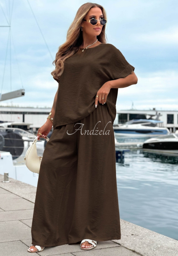 Viskose-Set aus Oversize-Bluse und Hose wide leg Amalfi Getaway Schokoladenbraun