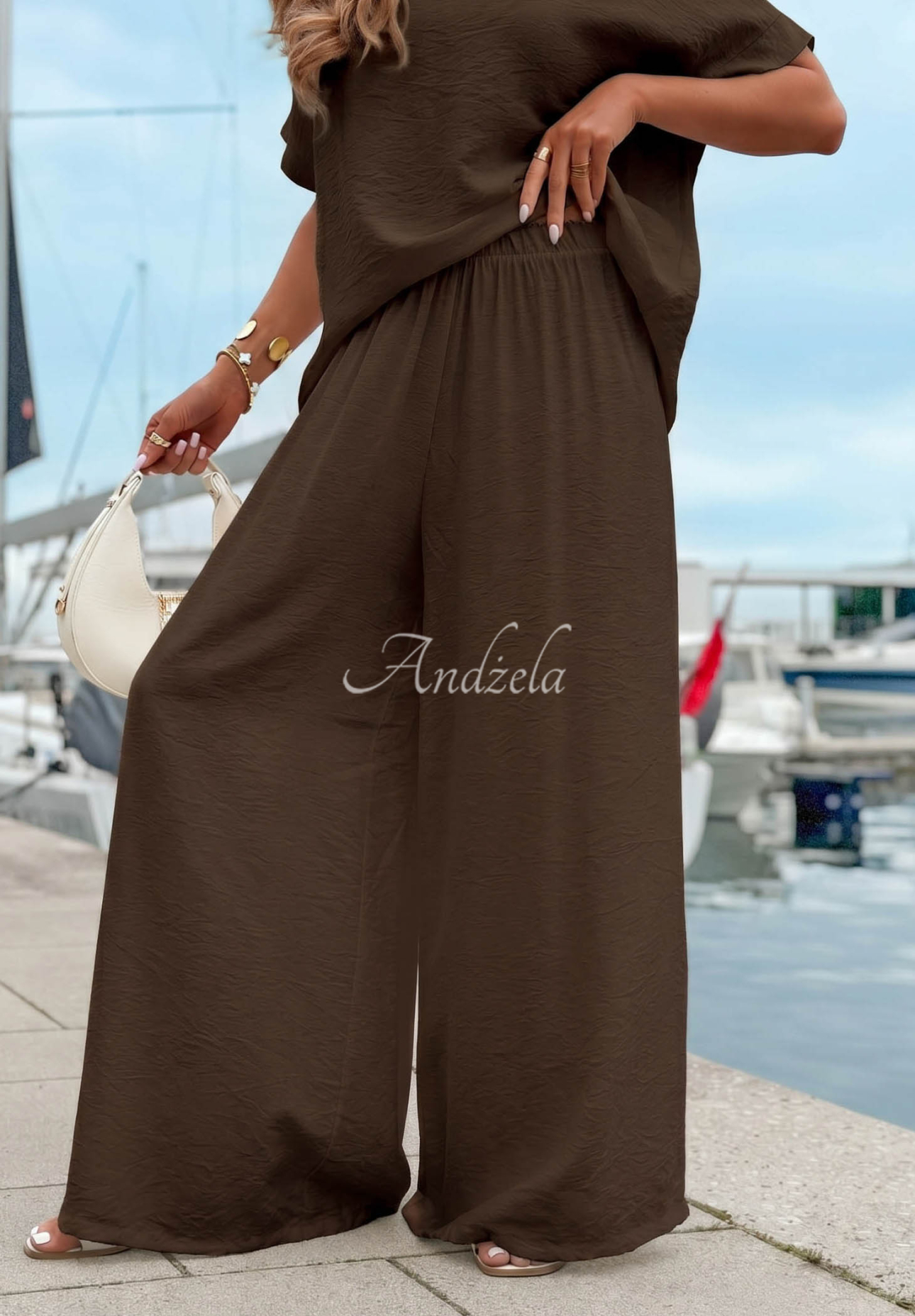 Viskose-Set aus Oversize-Bluse und Hose wide leg Amalfi Getaway Schokoladenbraun