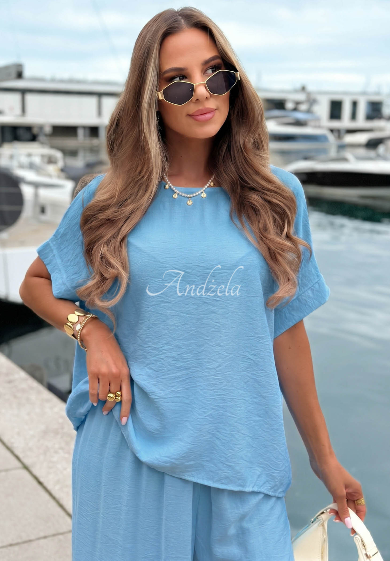 Viskose-Set aus Oversize-Bluse und Hose wide leg Amalfi Getaway Himmelblau