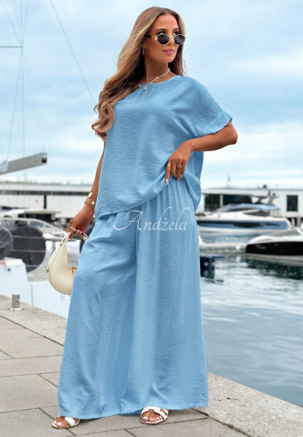 Viskose-Set aus Oversize-Bluse und Hose wide leg Amalfi Getaway Himmelblau