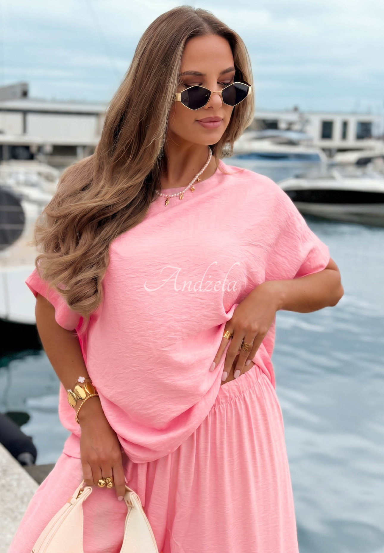 Viskose-Set aus Oversize-Bluse und Hose wide leg Amalfi Getaway Rosa
