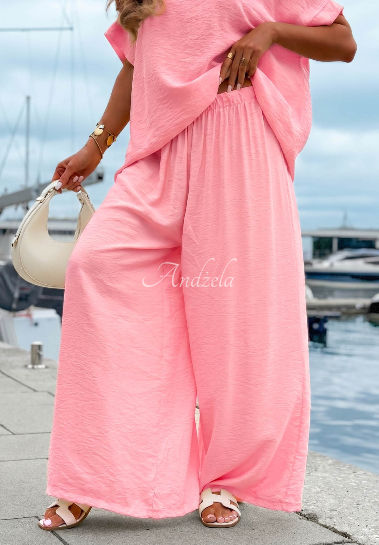 Viskose-Set aus Oversize-Bluse und Hose wide leg Amalfi Getaway Rosa