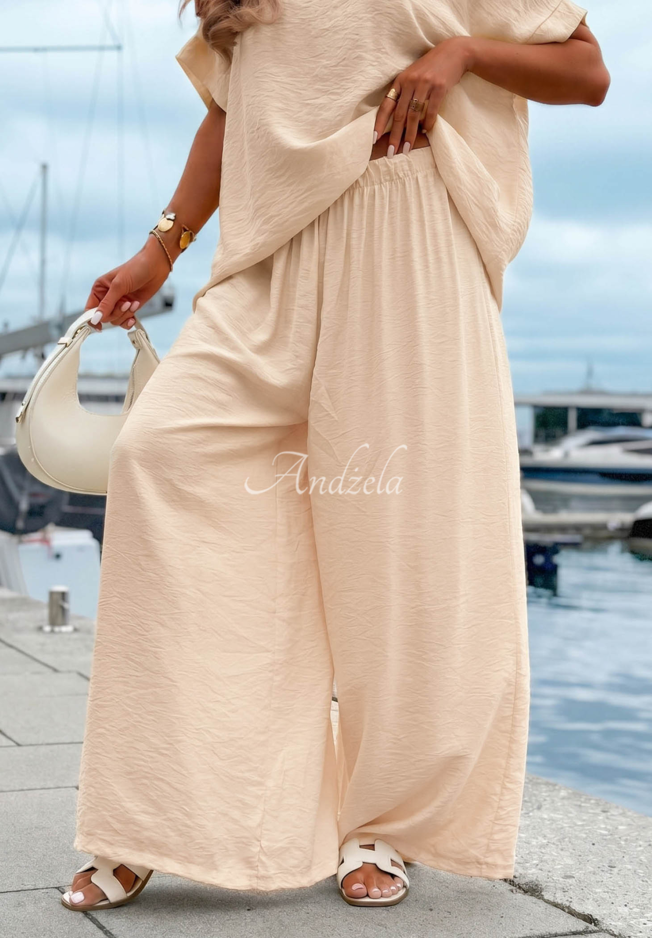 Viskose-Set aus Oversize-Bluse und Hose wide leg Amalfi Getaway Beige