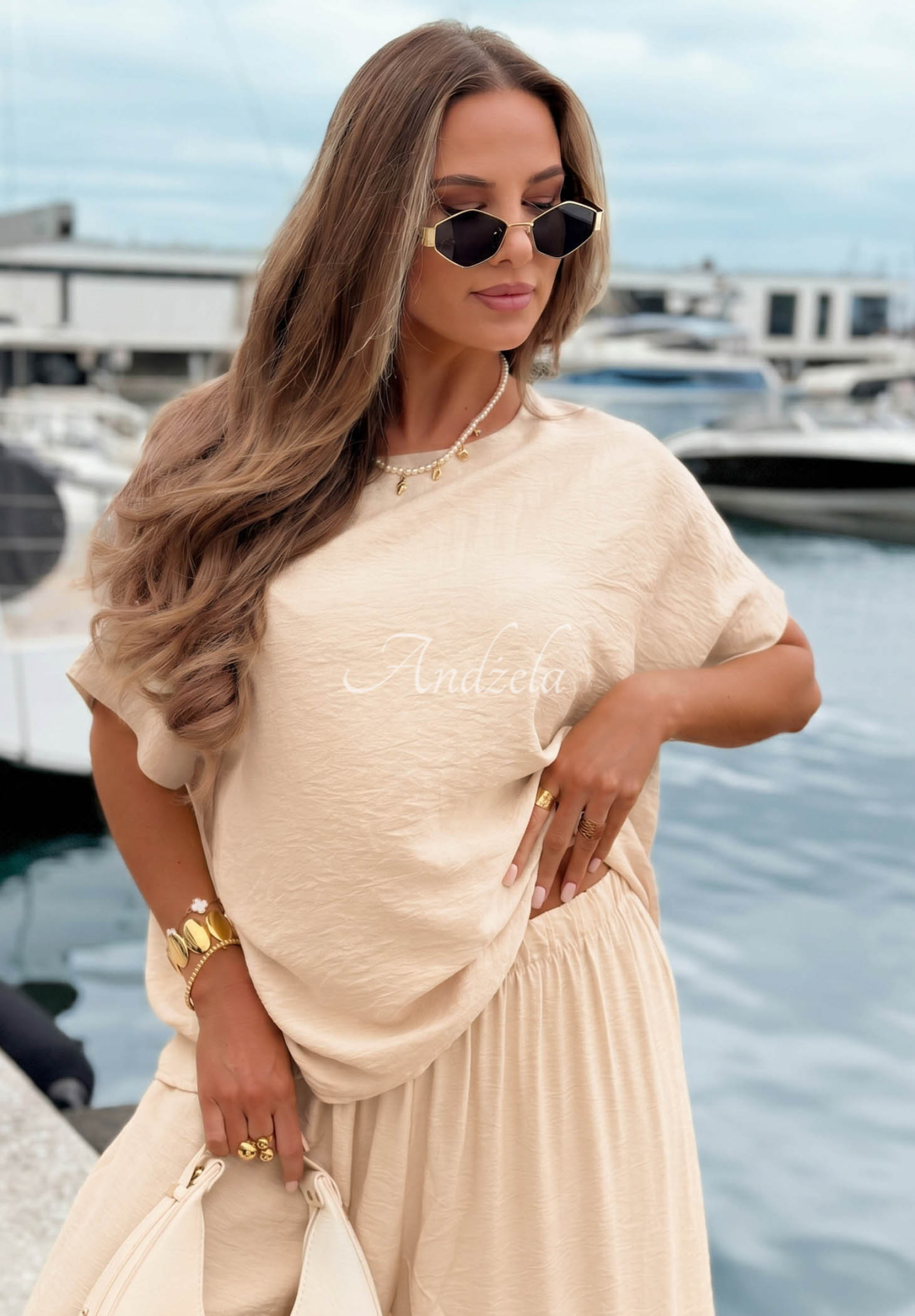 Viskose-Set aus Oversize-Bluse und Hose wide leg Amalfi Getaway Beige