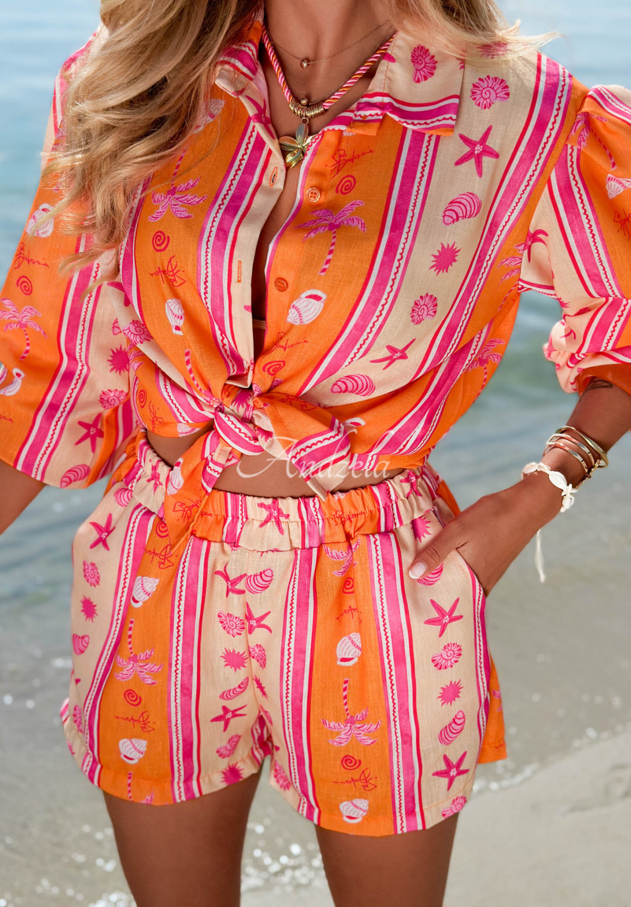 Baumwollset aus Hemd und gemusterter Shorts Summer Calling orange-rosa
