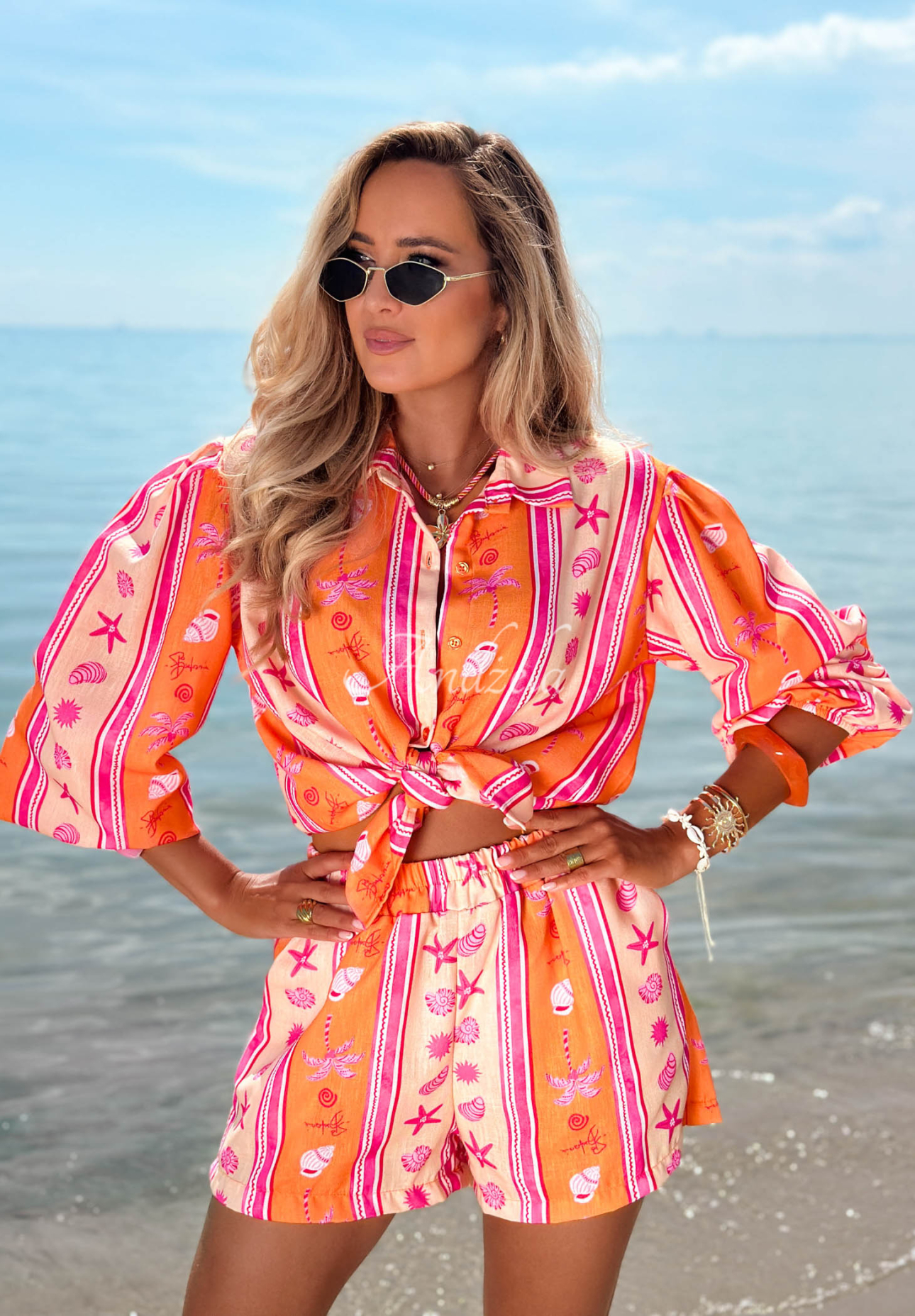 Baumwollset aus Hemd und gemusterter Shorts Summer Calling orange-rosa