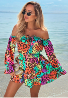 Krótki Jumpsuit Kleid im spanischen Stil z falbankami w panterkę Wild Colors turkusowo-Orange