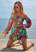 Krótki Jumpsuit Kleid im spanischen Stil z falbankami w panterkę Wild Colors turkusowo-Orange