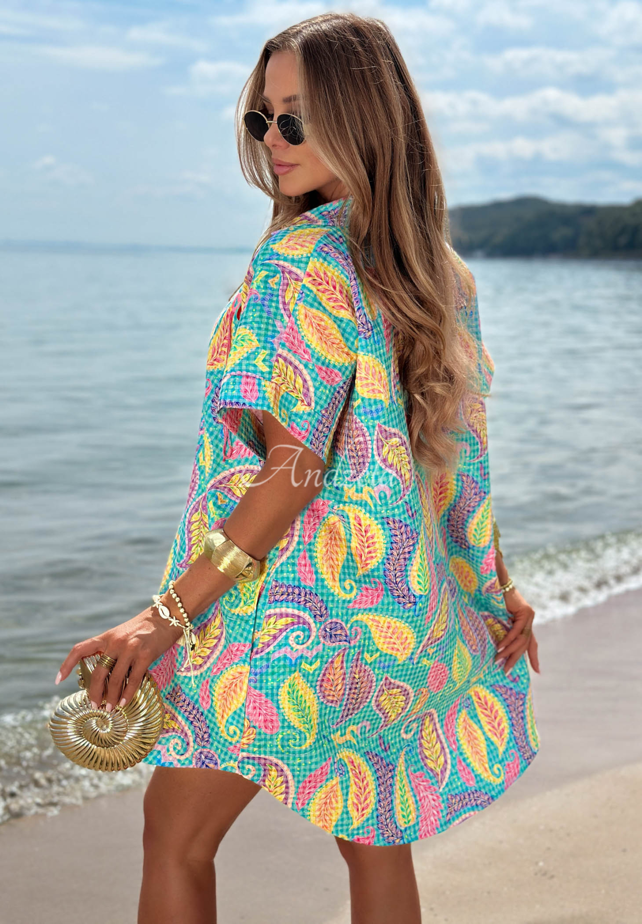 Gemustertes Hemdkleid aus Baumwolle Colored Leaf Türkis