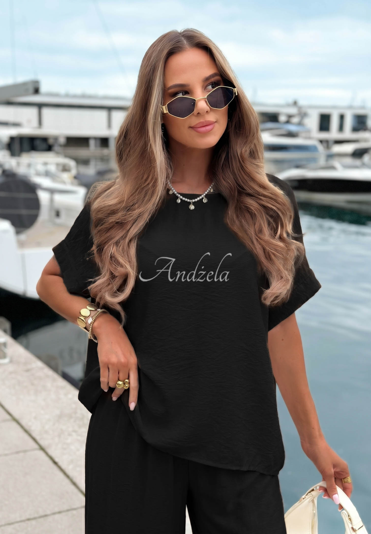 Viskose-Set aus Oversize-Bluse und Hose wide leg Amalfi Getaway Schwarz
