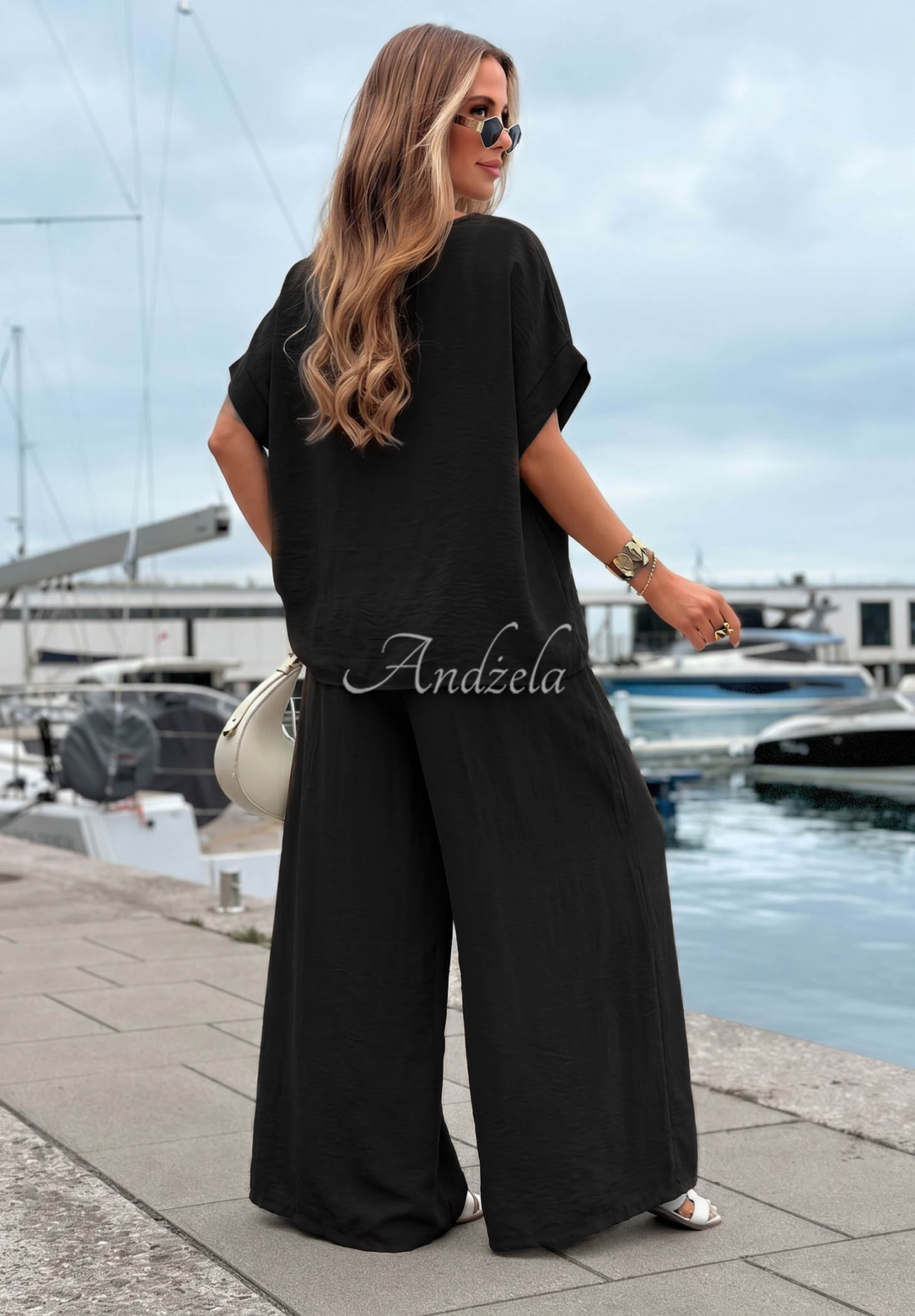 Viskose-Set aus Oversize-Bluse und Hose wide leg Amalfi Getaway Schwarz