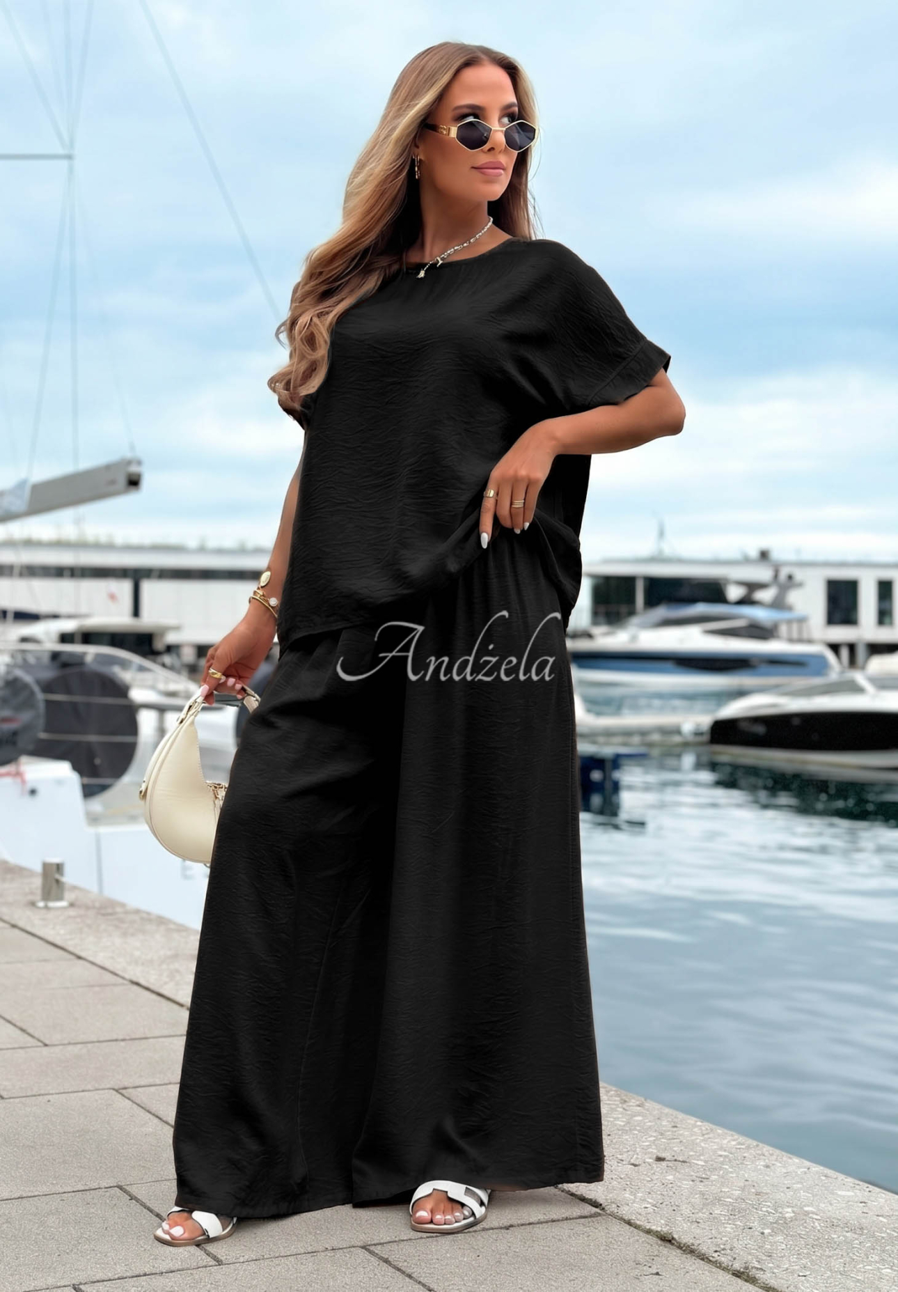 Viskose-Set aus Oversize-Bluse und Hose wide leg Amalfi Getaway Schwarz