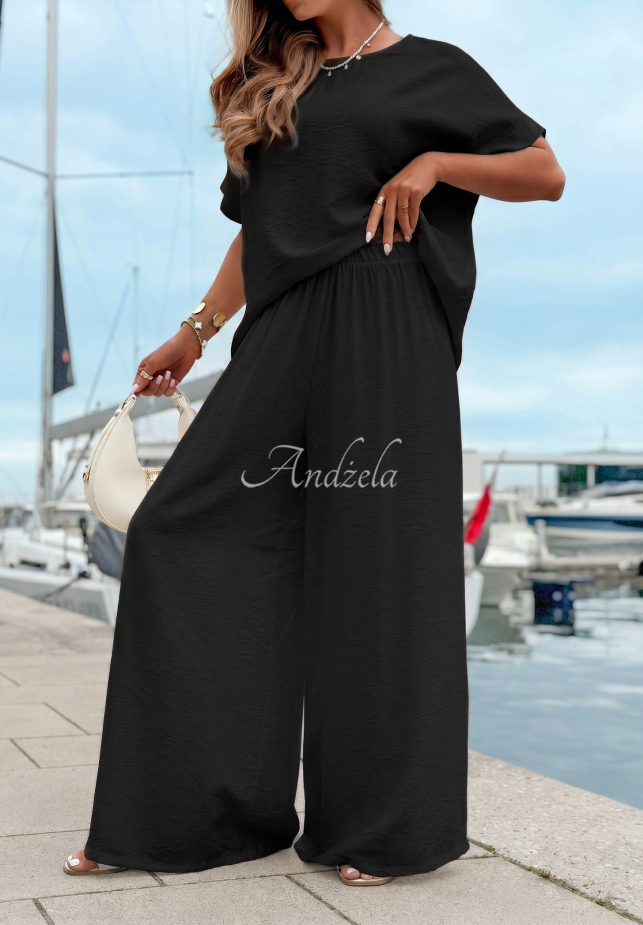 Viskose-Set aus Oversize-Bluse und Hose wide leg Amalfi Getaway Schwarz