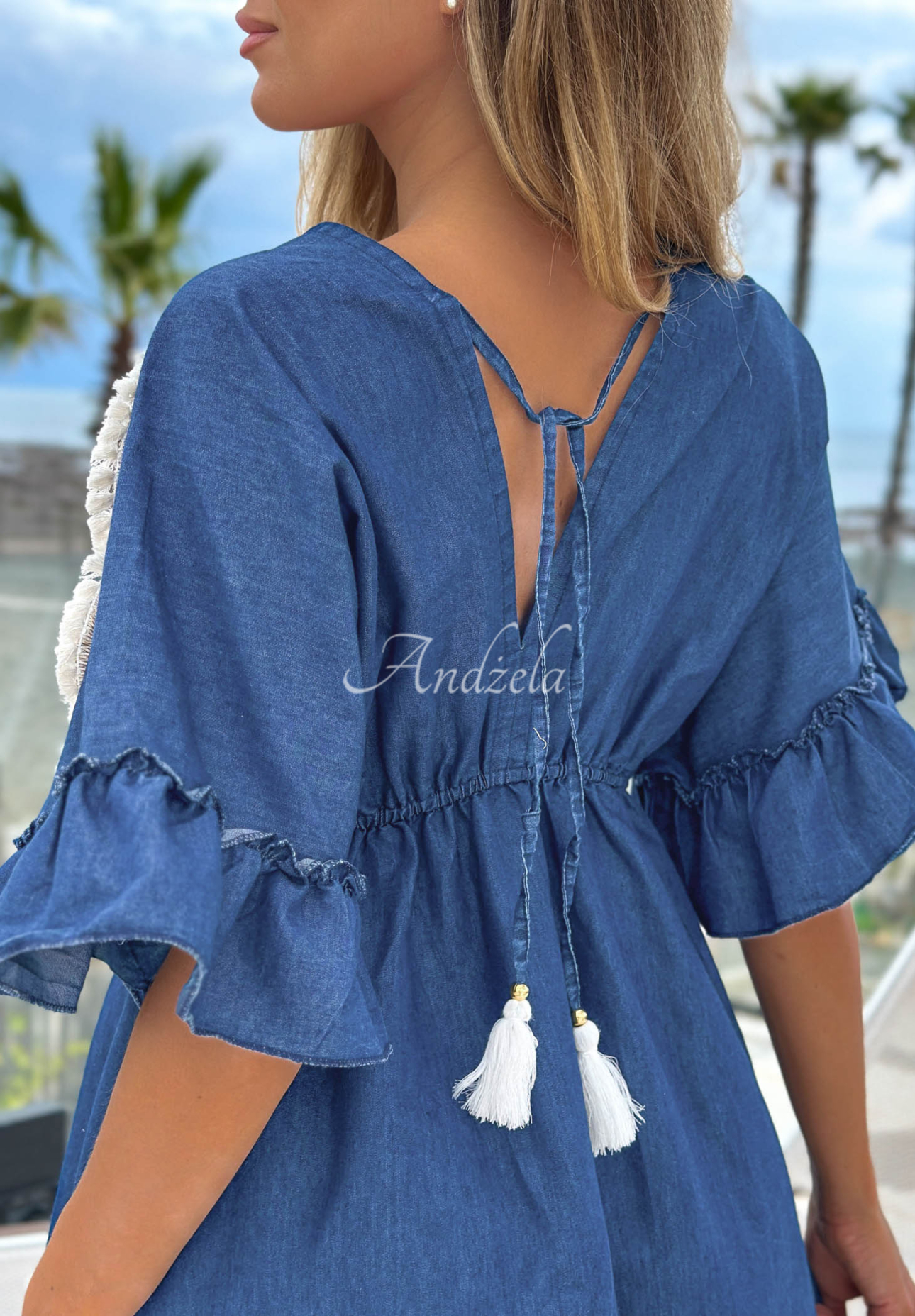 Maxikleid aus Baumwolle mit gestickten Blumen Lagoon Bloom Blau