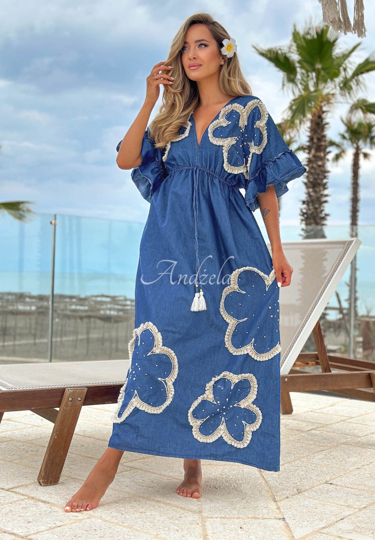Maxikleid aus Baumwolle mit gestickten Blumen Lagoon Bloom Blau
