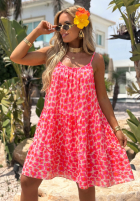 Rozkloszowana Kleid mini na ramiączkach w panterkę Sunset Panther neonowy róż