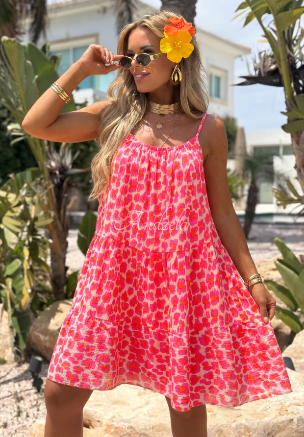 Minikleid aus Musselin mit Tr&auml;gern im Leopardenmuster Sunset Panther Neonrosa