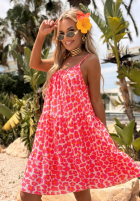 Rozkloszowana Kleid mini na ramiączkach w panterkę Sunset Panther neonowy róż