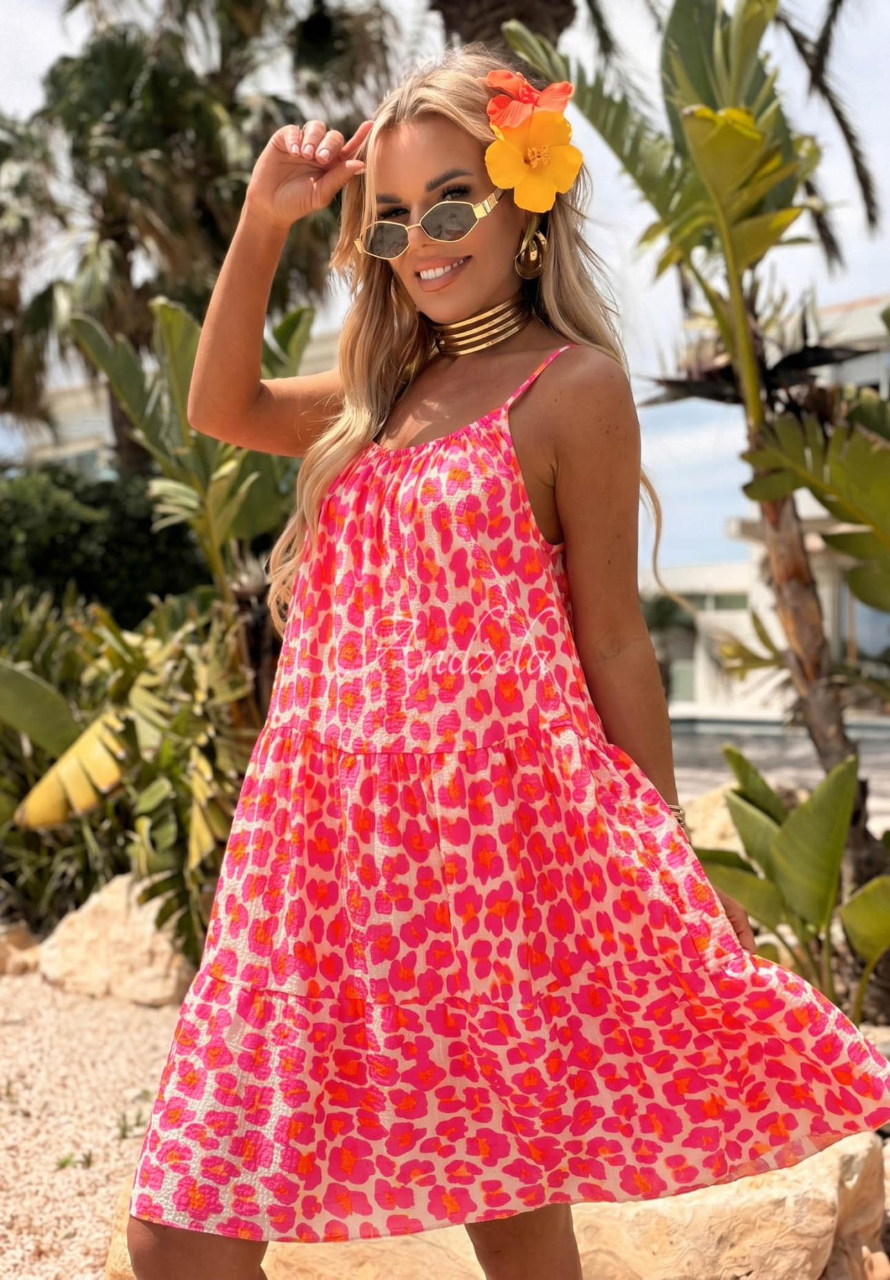 Minikleid aus Musselin mit Trägern im Leopardenmuster Sunset Panther Neonrosa