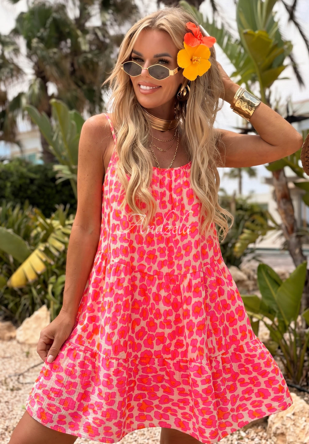 Minikleid aus Musselin mit Trägern im Leopardenmuster Sunset Panther Neonrosa