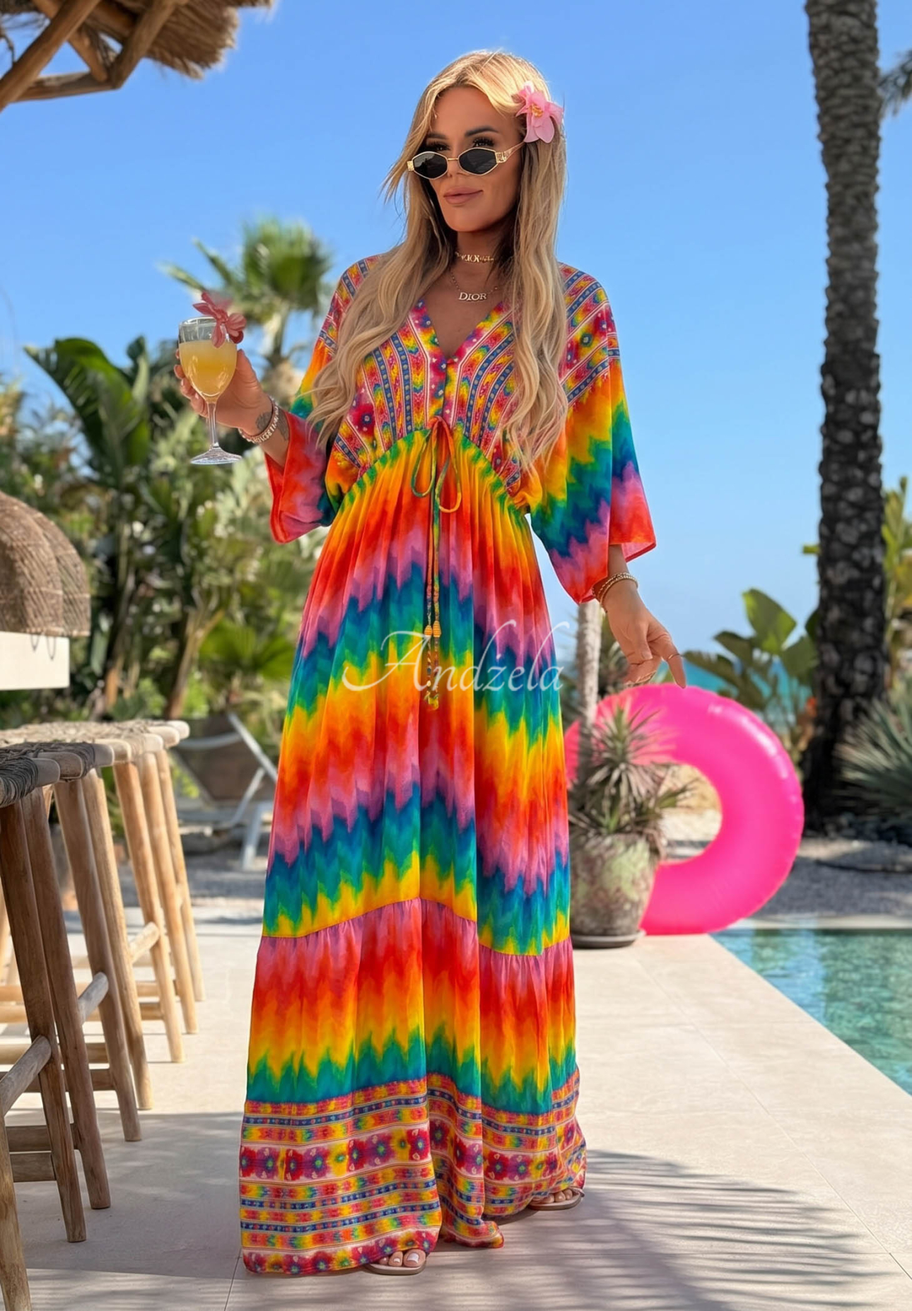 Maxikleid aus Viskose mit farbenfrohen Mustern Rainbow Soul Orange-rosa