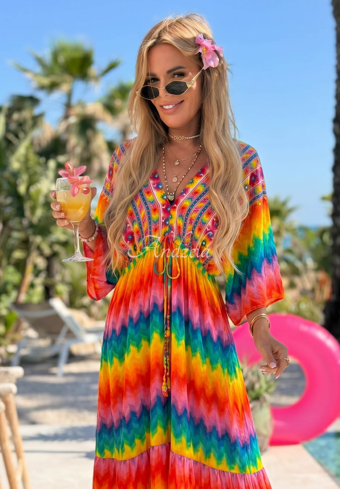 Maxikleid aus Viskose mit farbenfrohen Mustern Rainbow Soul Orange-rosa