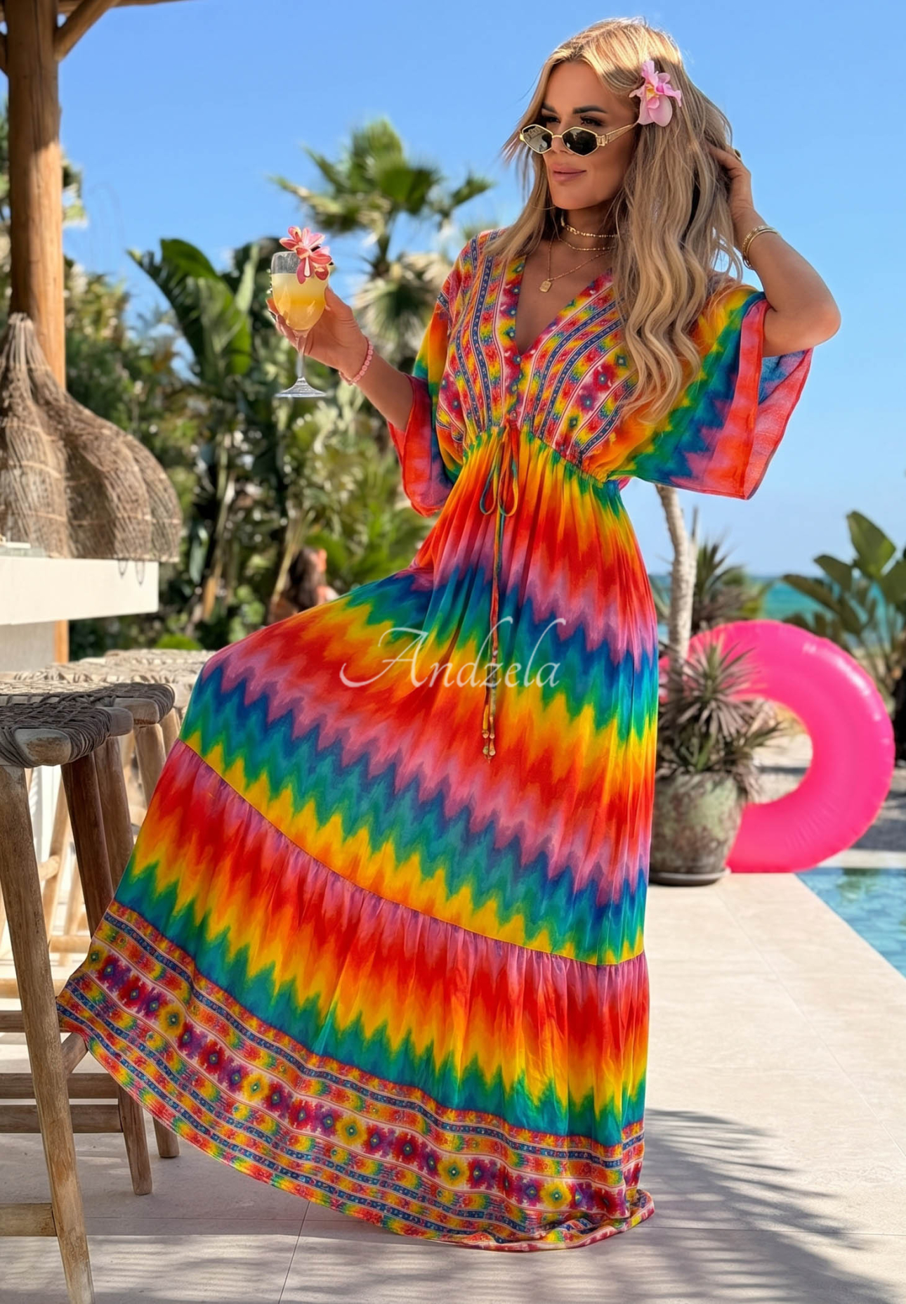 Maxikleid aus Viskose mit farbenfrohen Mustern Rainbow Soul Orange-rosa