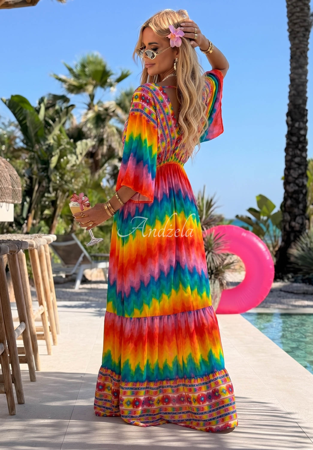 Maxikleid aus Viskose mit farbenfrohen Mustern Rainbow Soul Orange-rosa