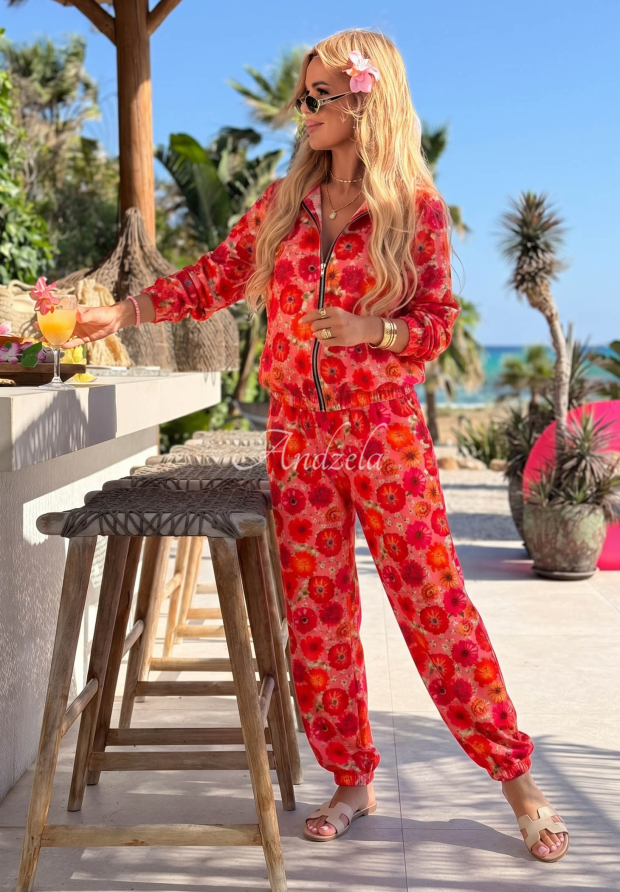 Viskose-Set aus Bomberjacke mit Blumenmuster und Jogginghose Blooming Summer rosa-orange