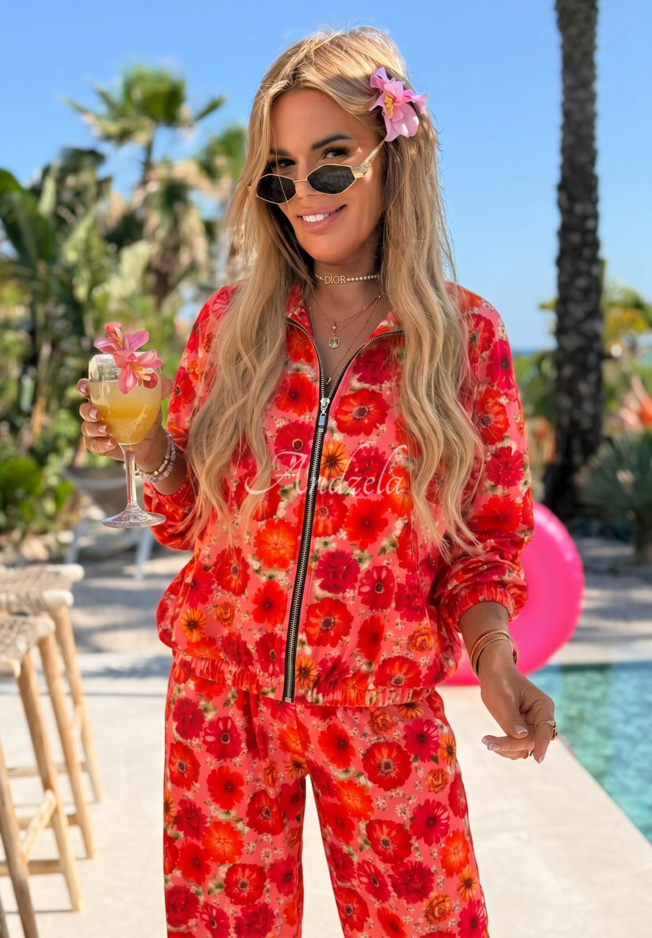 Viskose-Set aus Bomberjacke mit Blumenmuster und Jogginghose Blooming Summer rosa-orange
