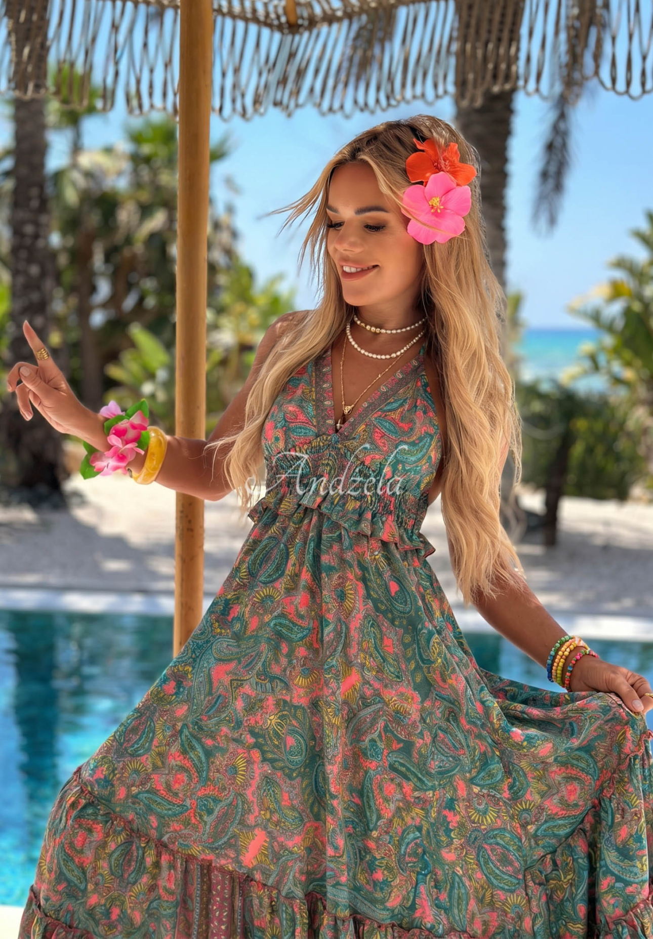 Gemustertes Maxikleid aus Viskose Summer Bliss Mintgrün-rosa