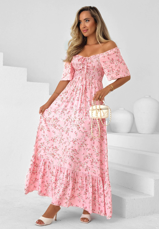 Viskose-Kleid mit Bindeband, R&uuml;sche und Blumenmuster Summer Garden Hellrosa